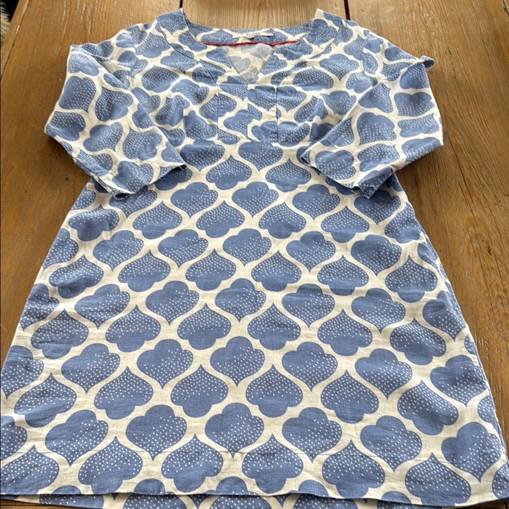 Boden Blue and White Patterned Linen Dress, Size 8R